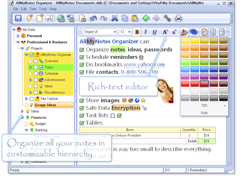 App Main Window - Organize your notes in flexible hierarchy - (All-My-Notes Organizer app Screenshot)