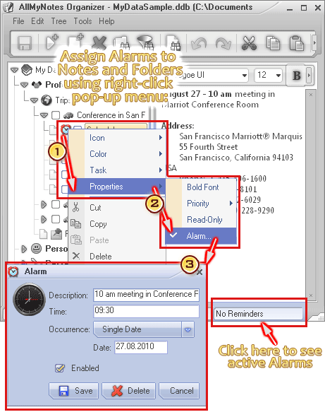 [Create |Insert |][Alarms|Reminders|Alarm objects][| in to the tree| in the Outliner]